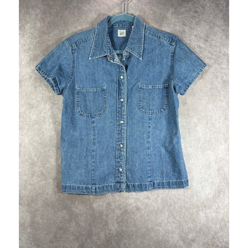 Vintage Gap Denim Shirt Womens Large Blue Short Sleeve Button Down 100% Cotton